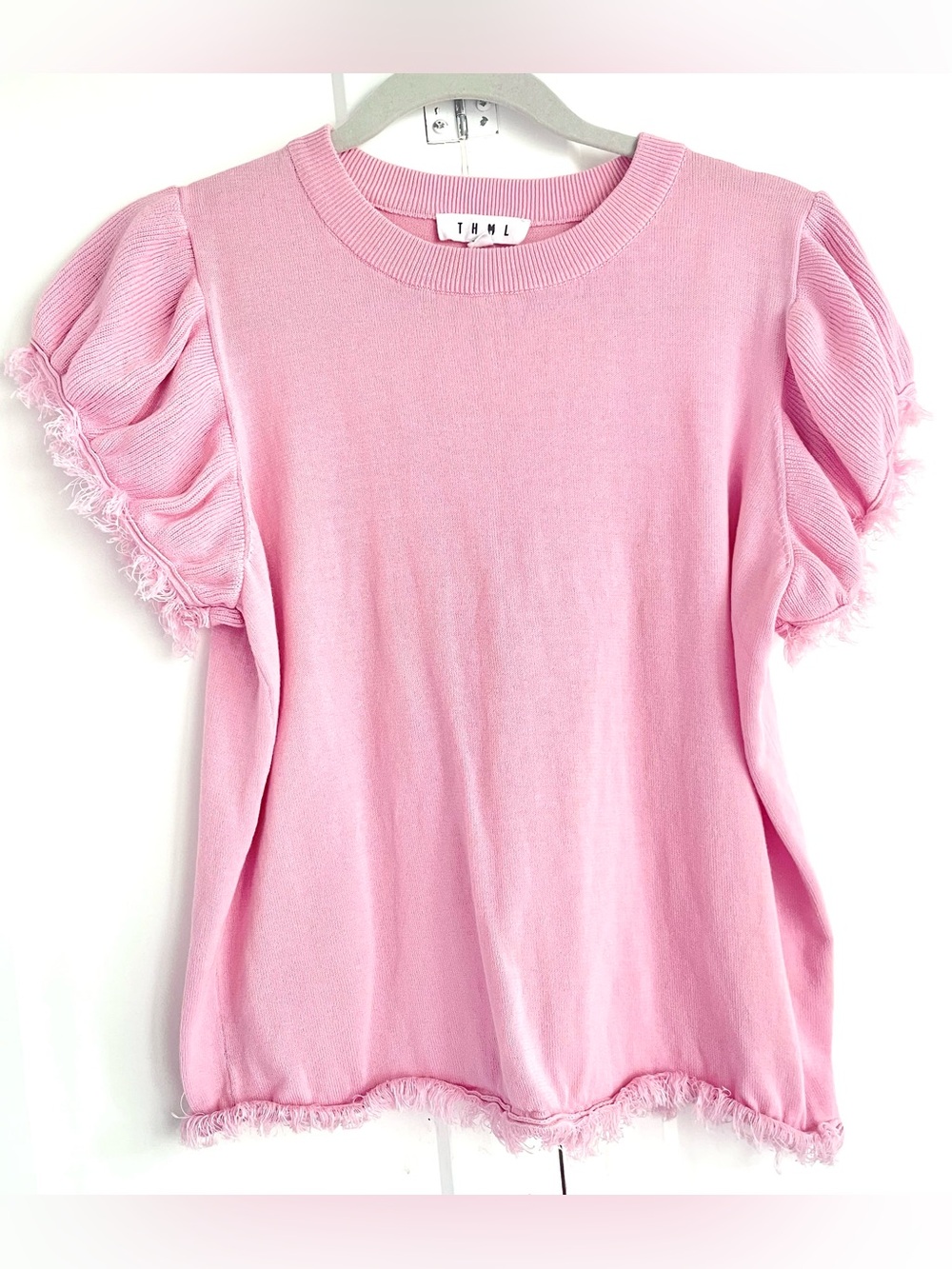 THML Anthropologie M Pink Puff Sleeve Fringe Knit Cotton Top Sweater Frayed